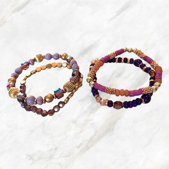 Purple Pink and Goldtone Stacking Bracelets Sparkle Stretchy 5 Pc Gem Ta… - Picture 6 of 12